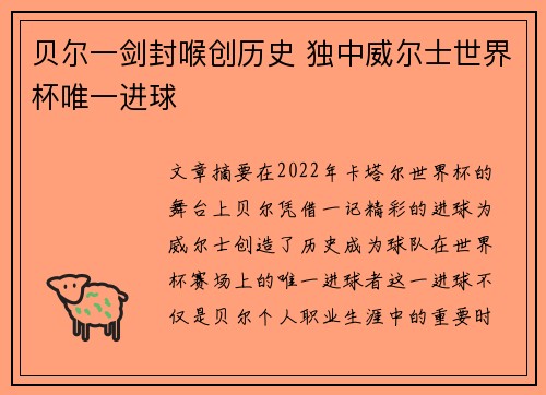 贝尔一剑封喉创历史 独中威尔士世界杯唯一进球